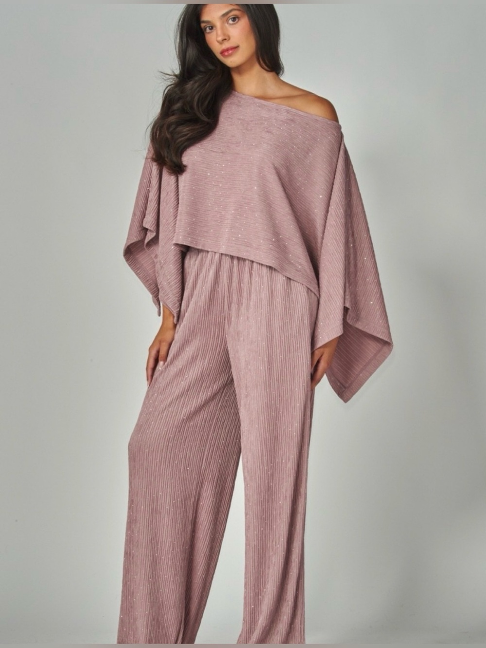 Misty Rose Pink Off the
Shoulder Crinkle Rhinestone Pantsuit with Glitter